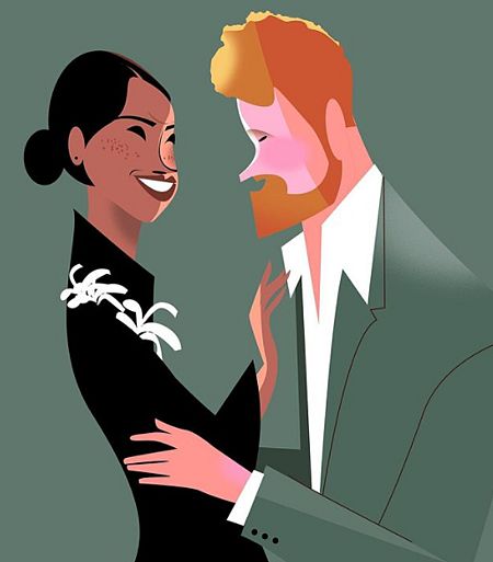 Meghan Markle y el príncipe Harry. Ilustración de Jorge Arévalo.