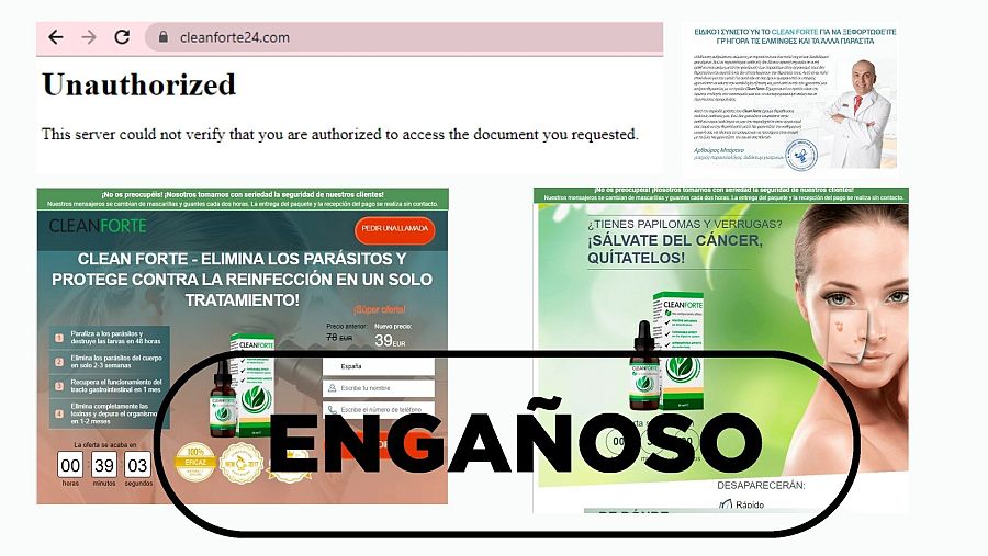 Imágenes de distintas páginas de Cleanforte24.com, alguna con recomendaciones de médicos. La portada del sitio web se muestra en blanco con un mensaje de ¿no autorizado¿. Con sello Engañoso