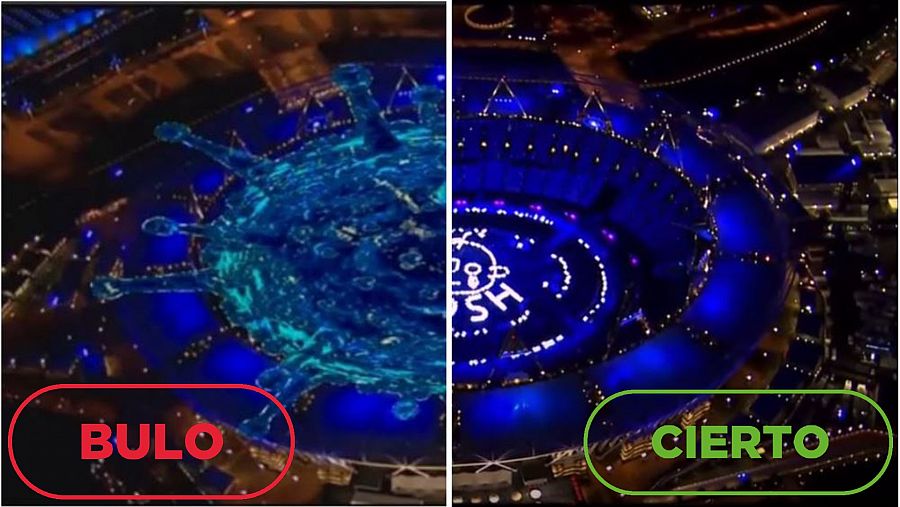 A la izquierda, una imagen del estadio con una proyección del virus de la COVID-19 de los JJOO de Londres 2012 con el sello bulo. A la derecha la imagen real del estadio con el sello cierto