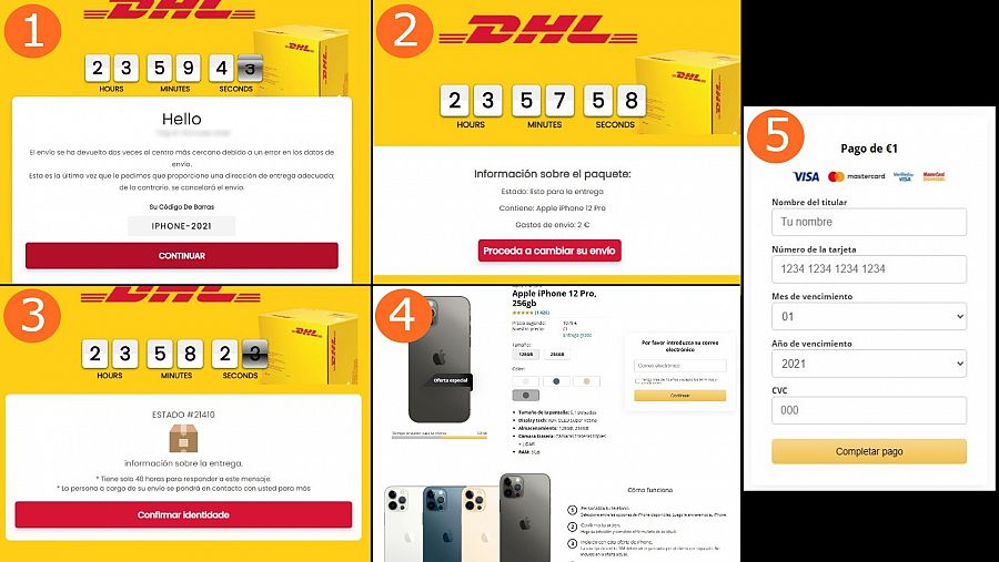 Varias capturas enumeradas sobre un phishing que suplanta la identidad de la empresa DHL para obtener datos bancarios