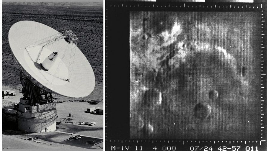 La más clara de las fotografías del Mariner 4 que muestra una superficie de Marte llena de cráteres.