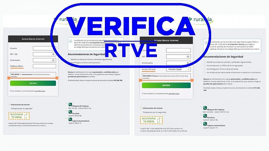 Comparación de la portada de la página web fraudulenta y la de la página oficial de la entidad con sello VerificaRTVE