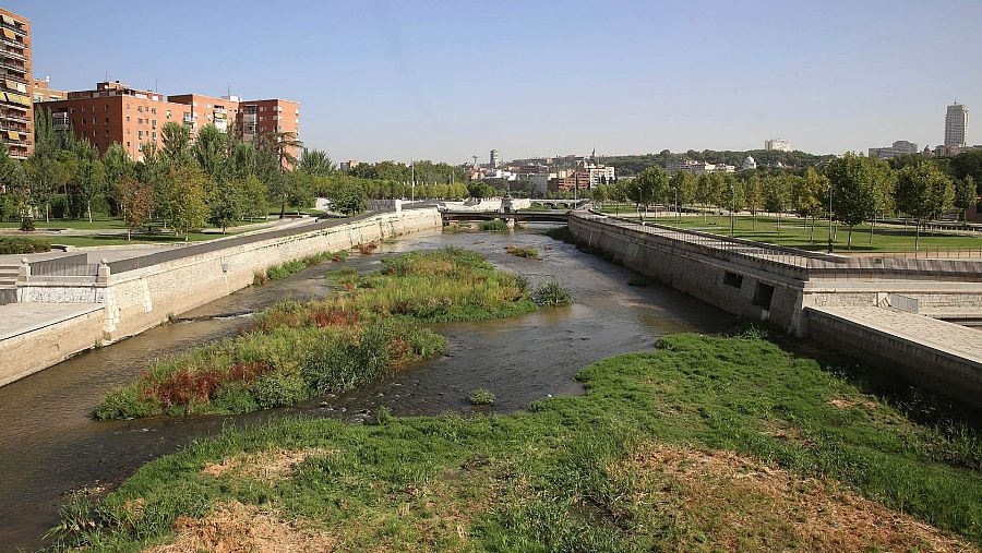El río Manzanares a su paso por Madrid, poco después del inicio del proceso de renaturalización en 2016