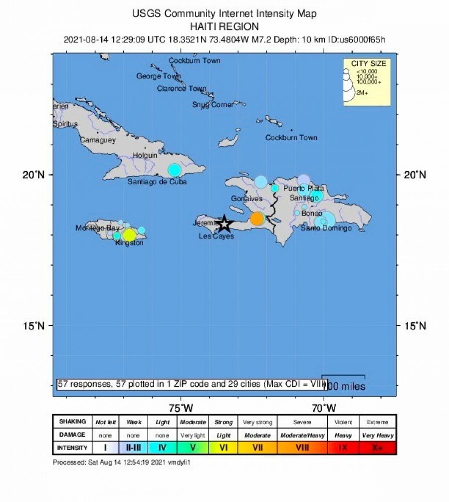 Mapa del Servicio Geológico de los Estados Unidos que muestra la ubicación del terremoto en el suroeste de Haití.