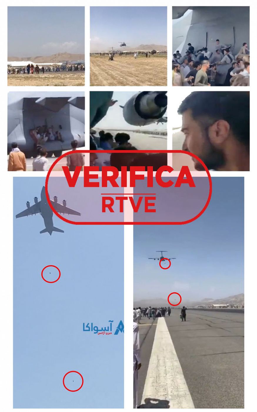 Cronología de afganos subiendo a aviones en el aeropuerto de Kabul con el sello VerificaRTVE