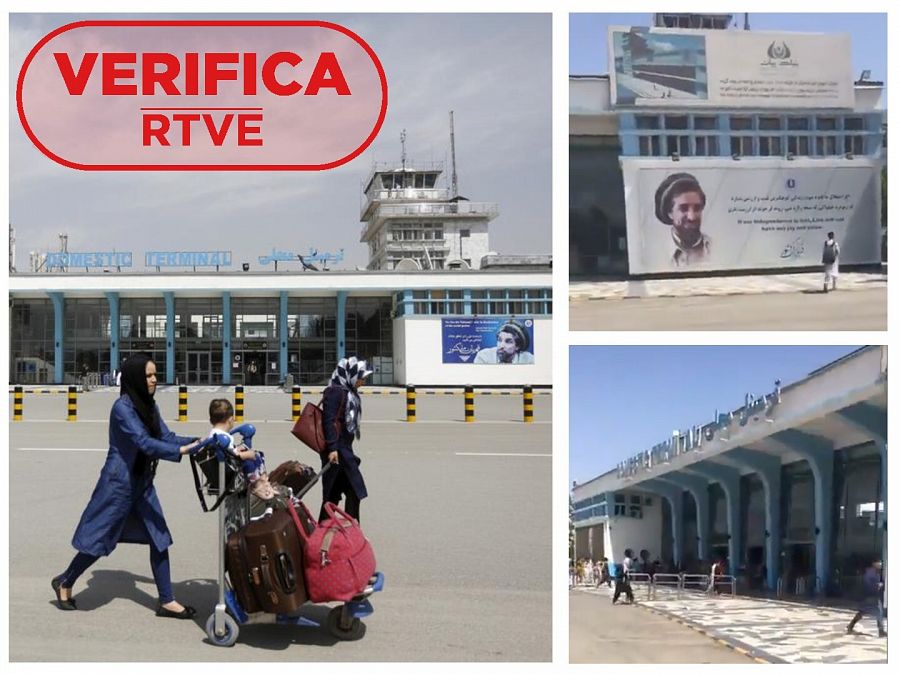 Comparación aeropuerto de Kabul: a la izquierda imagen antigua, a la derecha imágenes actuales con el sello VerificaRTVE