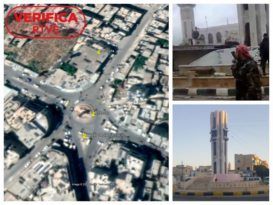 Composición de imágenes de Maarat Misrin: A la izquierda, vista de Google Earth. A la derecha, arriba una imagen del vídeo original; abajo una imagen de Google Maps