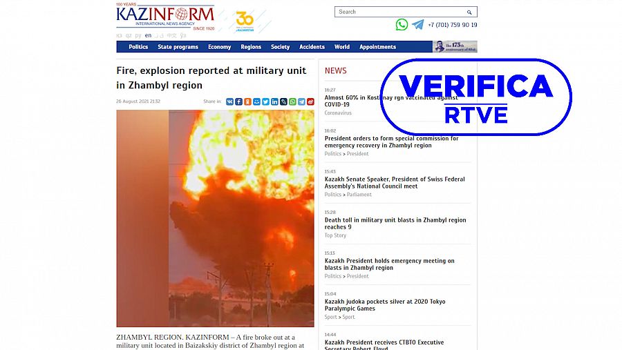 Imagen de la noticia de una agencia local kazaja informando sobre la explosión en un almacén de munición, con el sello azul de VerificaRTVE