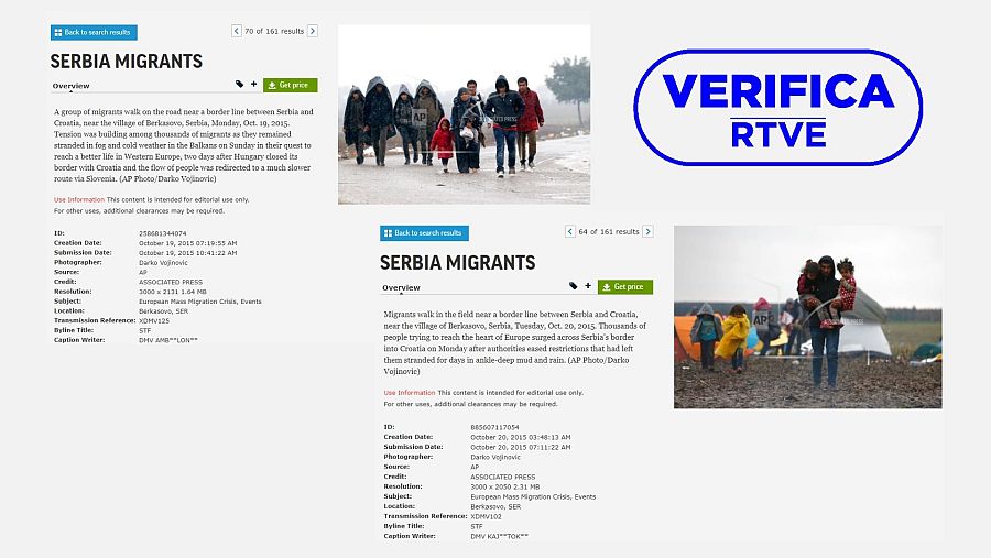 Fotografías del paso de refugiados por Berkasovo, Serbia. La de la izquierda es del lunes 19 de octubre de 2015 y la de la derecha, del martes 20. Autor: Darko Vojinovic (AP). Con sello VerificaRTVE en azul.