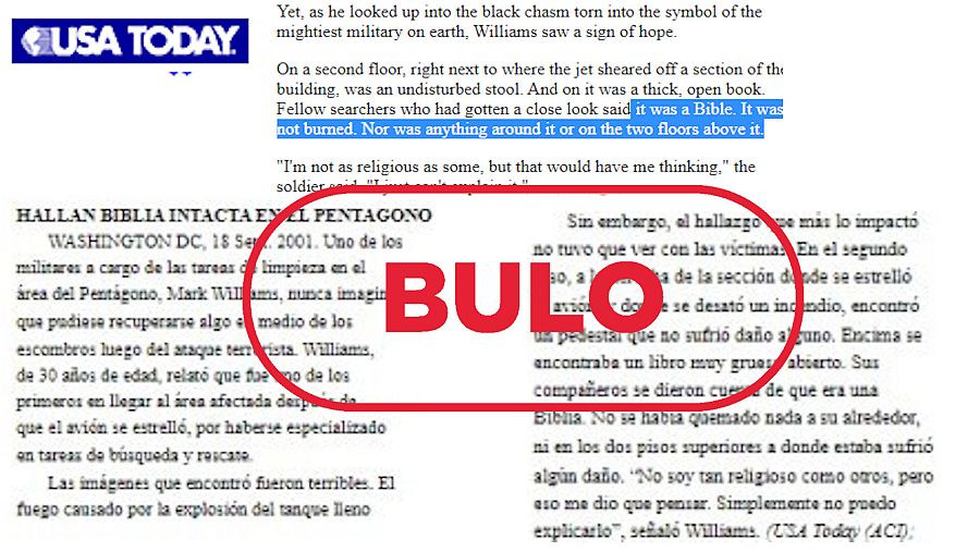 Fragmentos del artículo en inglés y en español sobre el supuesto hallazgo de una biblia no quemada en el Pentágono