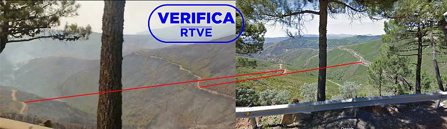 Comparativa de la imagen del vídeo del bombero y la de Google Maps, con el sello azul de VerificaRTVE