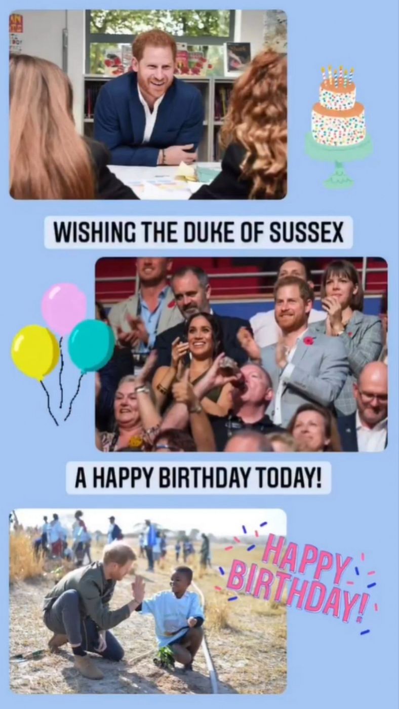 Una 'story' de Instagram de la casa real británica felicitando al príncipe Harry por su cumpleaños con varias imágenes de la reina Isabel II y su nieto