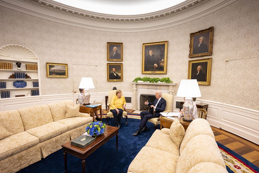 La canciller Angela Merkel en la Casa Blanca junto al presidente Joe Biden