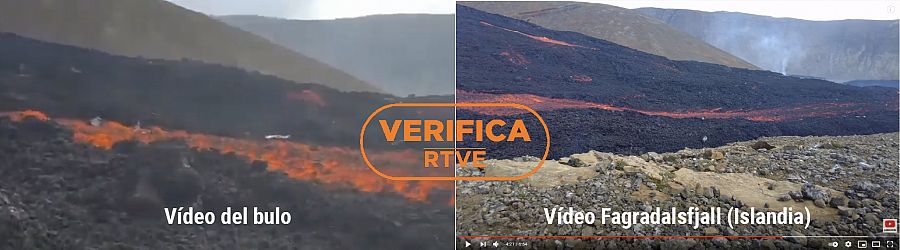 Comparativa de imágenes del paisaje. A la izquierda, imagen correspondiente al vídeo del bulo. A la derecha, la correspondiente al vídeo del volcán Fagradalsfjall enviado por Natale.