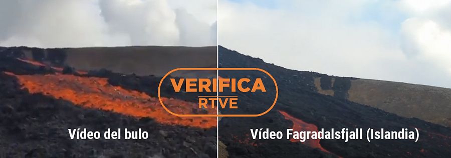 Marca distintiva en el paisaje. A la izquierda, imagen correspondiente al vídeo del bulo (la marca está arriba a la izquierda). A la derecha, la correspondiente al vídeo del Fagradalsfjall enviado por Natale (la marca está en el centro).