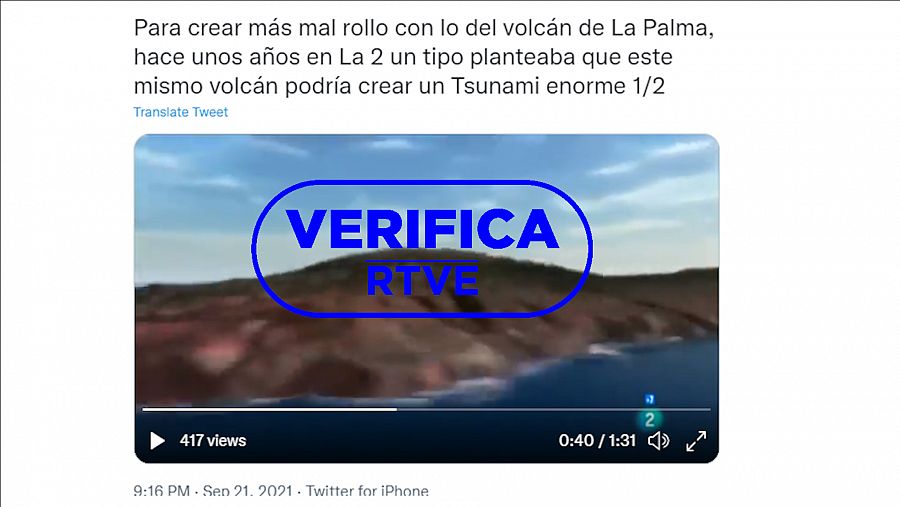 Mensaje que reproduce parte de un documental donde se reproduce el bulo del tsunami en La Palma, con el sello de VerificaRTVE