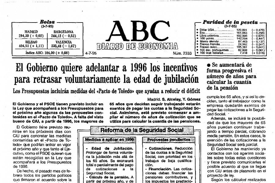Imagen de una información del diario ABC que muestra que el Gobierno de Felipe González planteó en 1995 el retraso voluntario de la jubilación a cambio de incentivos