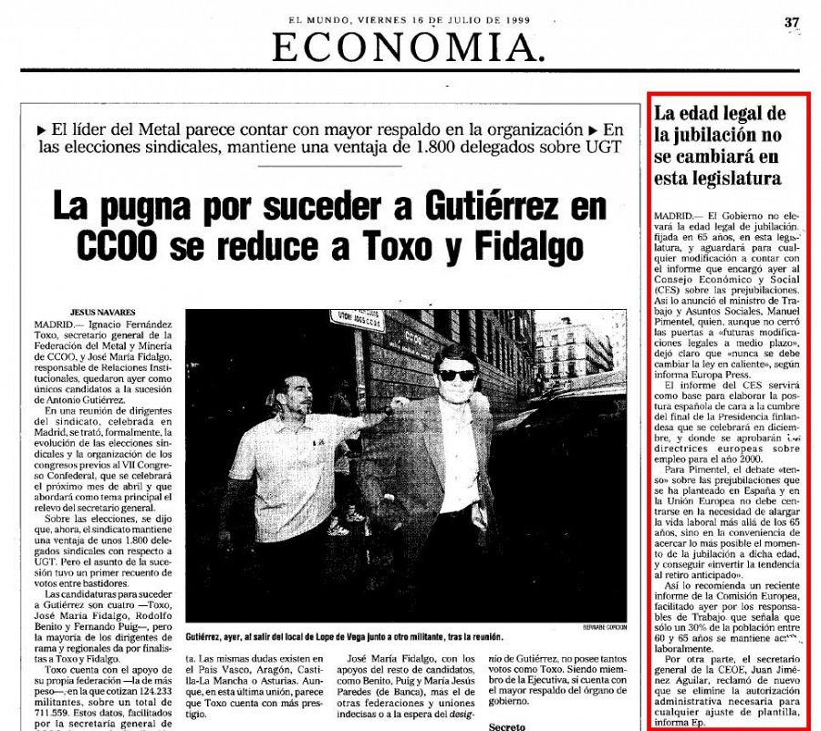 Imagen de un artículo del diario El Mundo publicado el 16 de julio de 1999 que muestra que el Gobierno descartó en esa fecha subir la edad de jubilación