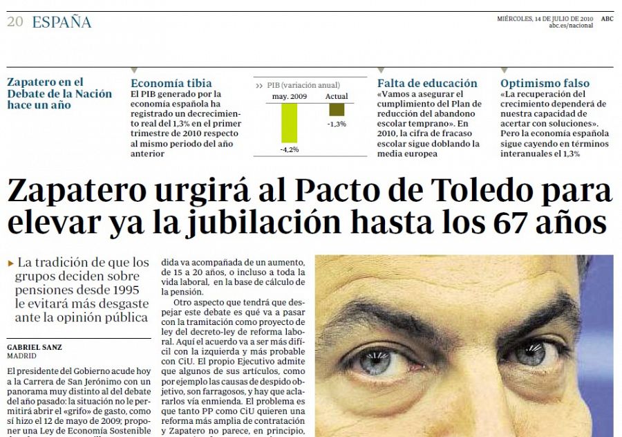 Imagen de la portada del diario ABC del 14 de julio de 2010 que informa de que Zapatero plantea elevar la edad de jubilación a los 67 años