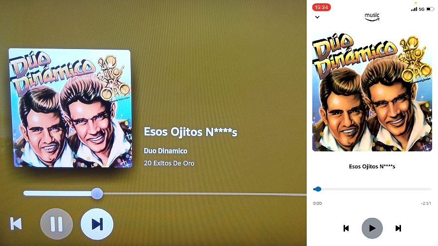 En nuestra reproducción de la canción, la palabra 'negros' aparece con asteriscos. A la izquierda, la versión de la televisión. A la derecha, versión de móvil (iOS).