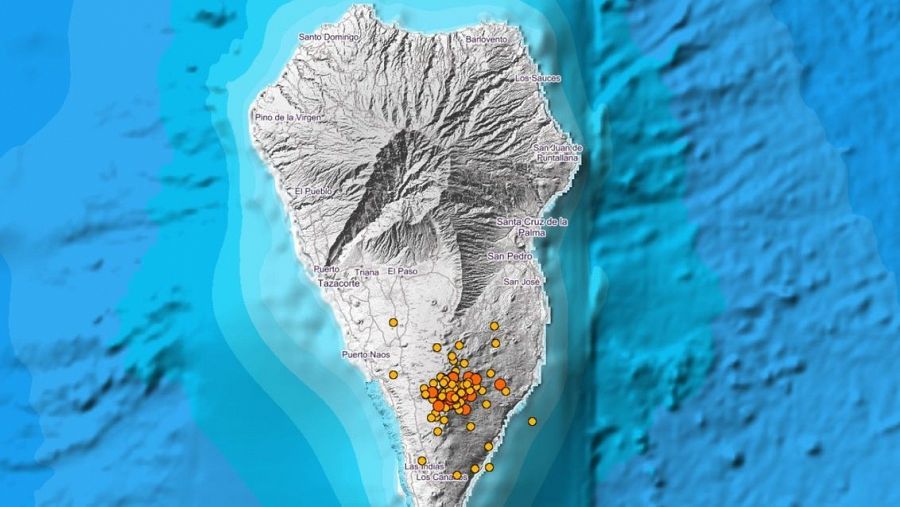 Actividad sísmica detectada en las últimas horas en el entorno de Cumbre Vieja, en La Palma.