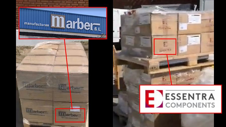 Momentos del vídeo donde se ven los palés de cajas y sus respectivos logotipos de las dos empresas manufactureras: Marber y Essentra