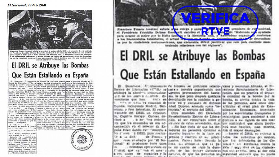 Noticia del diario venezolano El Nacional del 29 de junio de 1960 con la reivindicación del DRIL de los atentados en España, con el sello azul de VerificaRTVE