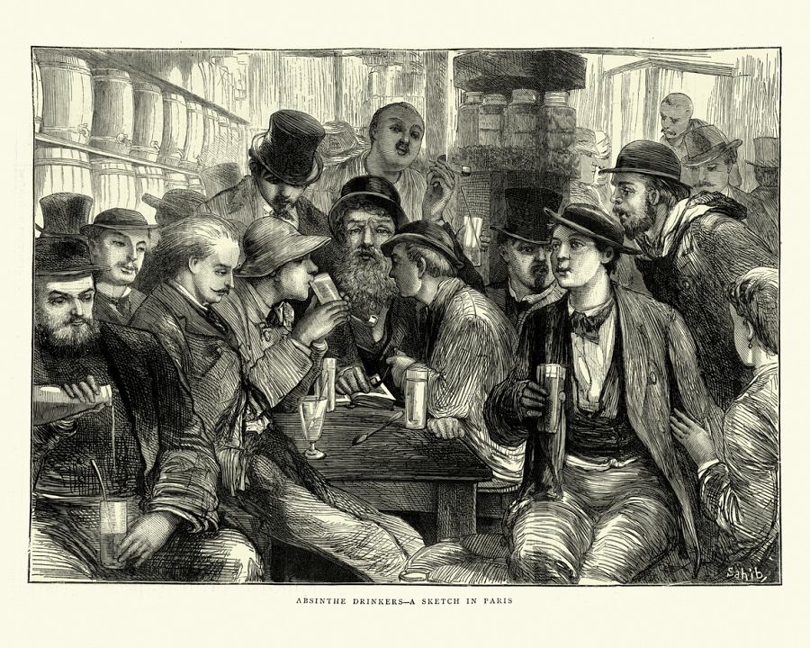 Grupo de intelectuales bebiendo absenta en Francia, siglo XIX