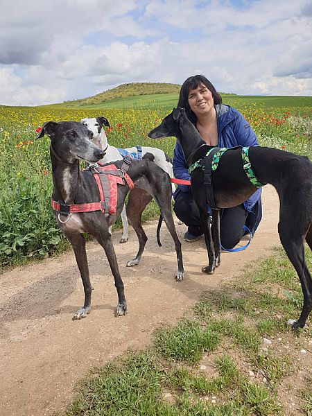Sandra, junto a sus tres perras: Aura, Alda y Martina