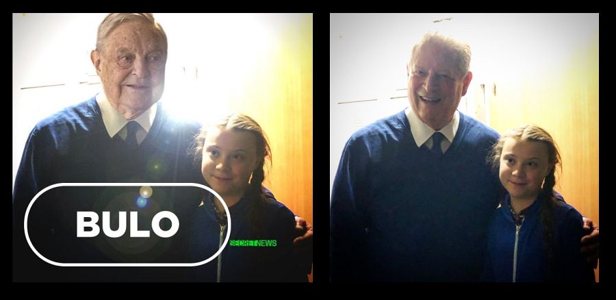 Greta Thunberg en una foto manipulada junto a George Soros y la foto original junto a Al Gore y un sello de Bulo sobre la foto manipulada