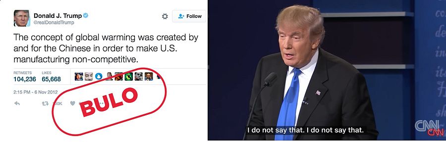 Trump acusó a China de fabricar el concepto de Cambio Climático y luego negó haberlo dicho con el sello de Bulo sobre el Twitt de Trump
