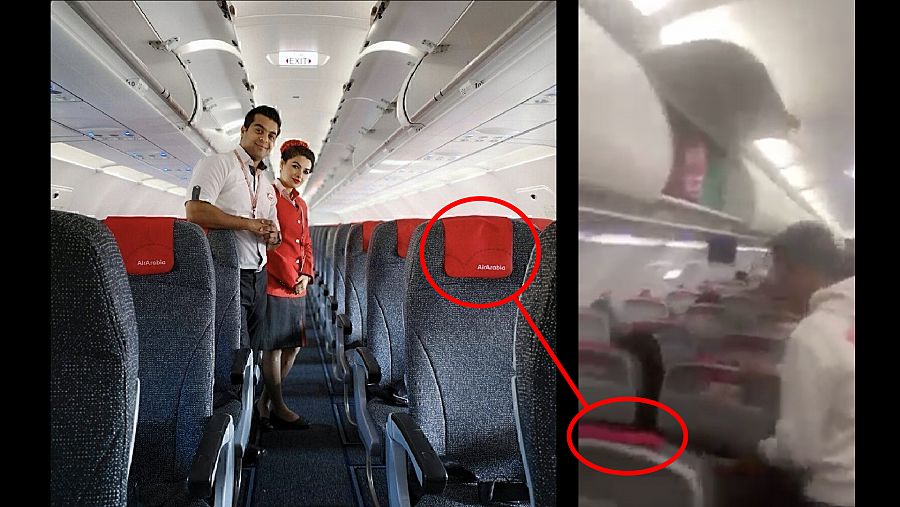 Comparativa de los reposacabezas: la izquierda, imagen promocional en AirArabia; a la derecha, fotograma del vídeo de Mallorca