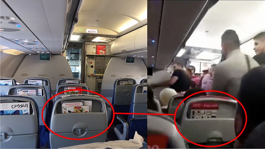 Comparativa de los asientos del avión: a la izquierda, imagen promocional; a la derecha, fotograma del vídeo. La hoquedad en la parte trasera del respaldo es la misma