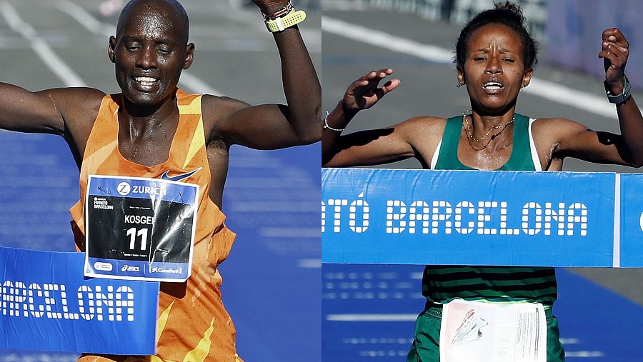 Fotomontaje de los dos ganadores de la maratón de Barcelona 2021: Samuel Kosgei (izq) y Tadu Teshome