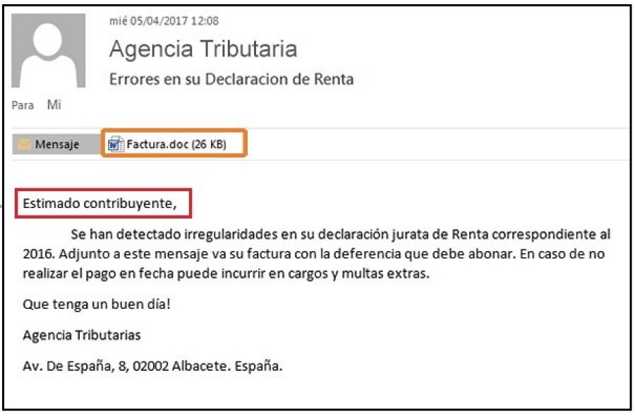 Se muestra un correo que parece de la Agencia Tributaria pero no lo es.