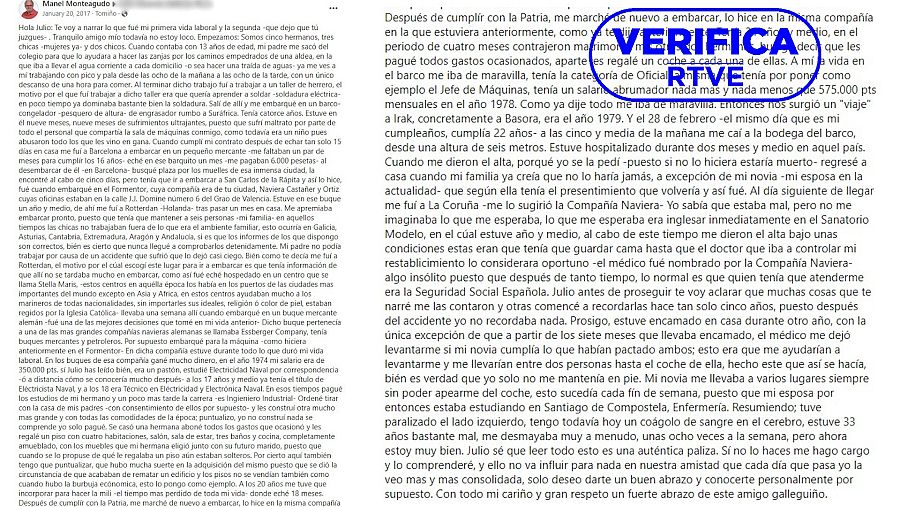 Mensaje de Facebook publicada en enero de 2017 por Manel Monteagudo en el que dice que en Irak le dieron el alta médica porque lo pidió él, con el sello azul de VerificaRTVE