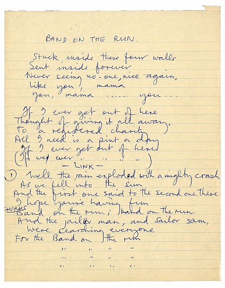 Manuscrito de 'Band on the run' a cargo de Paul McCartney, en 1973.