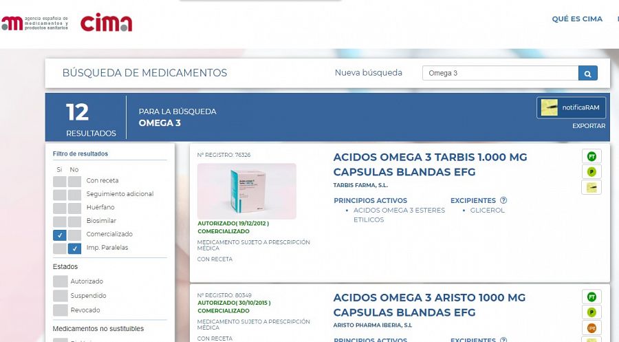 Resultado de la búsqueda Omega 3 en la web del CIMA