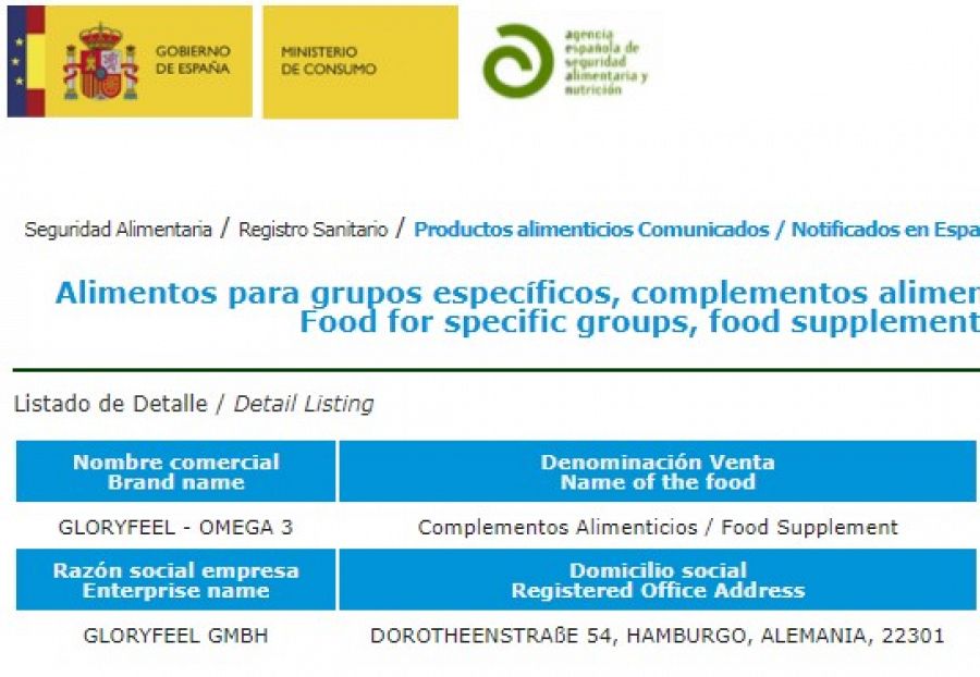 Registro del ministerio de consumo con el producto Omega 3 de GloryFeel