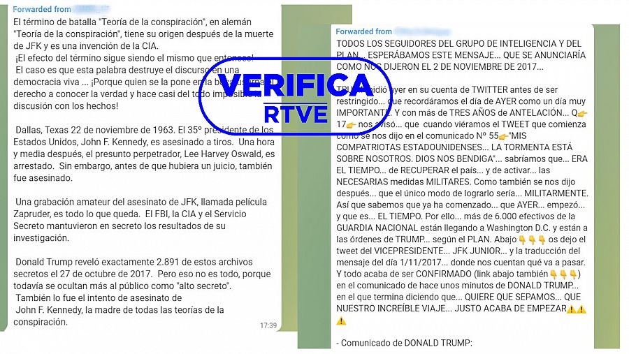 Dos mensajes de Telegram de seguidores de QAnon sobre teorias conspiratorias en torno a la muerte de JFK, con el sello azul de VerificaRTVE