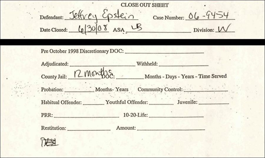 Parte del documento por el que se condena a Epstein a una condena de 12 meses pactada con la fiscalia en 2008