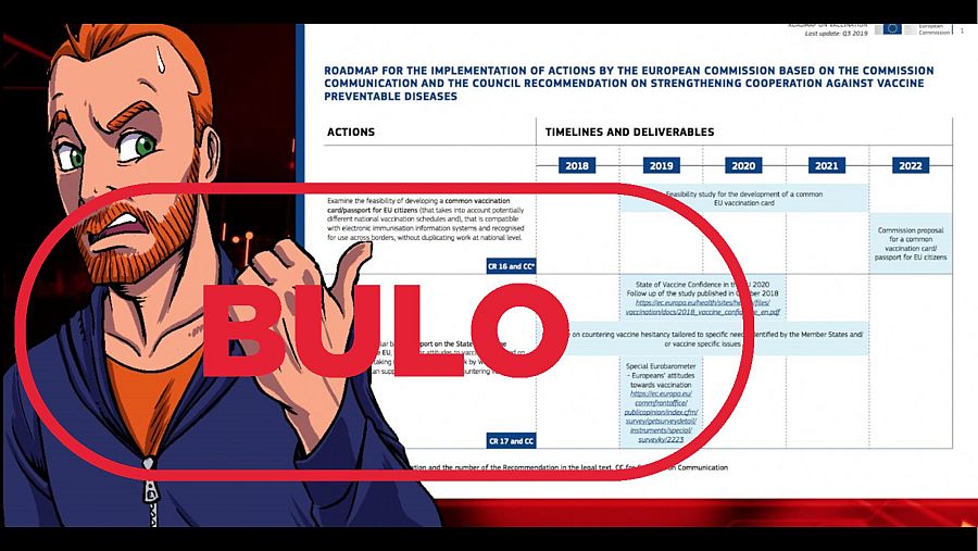 Portada con fragmento del video que vincula falsamente un documento de la UE con el origen de la COVID. Sello Builo