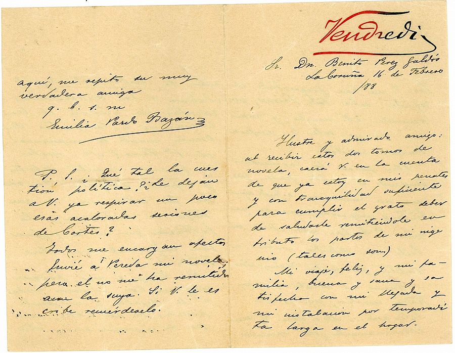 Una de las cartas de amor de Bazán a Galdós