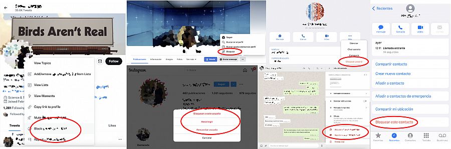 La opción de 'Bloquear' cuentas de usuario en diversas redes sociales, aplicaciones de mensajería y en las llamadas y mensajes del móvil