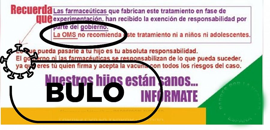 Captura de texto que dice que OMS no recomienda vacunación infantil con sello Bulo