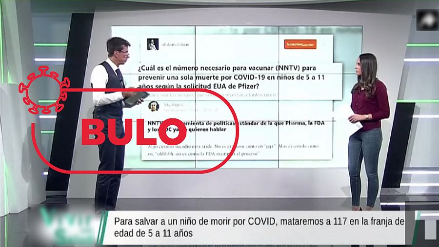 Imagen de un programa de televisión que reproduce el bulo de 117 niños fallecidos por la vacuna para salvar a uno de Covid con el sello Bulo