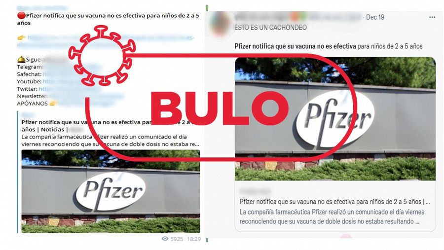 Dos mensajes de redes que dicen que Pfizer ha notificado que su vacuna no es eficaz en niños de dos a cinco años, con el sello bulo en rojo de VerificaRTVE