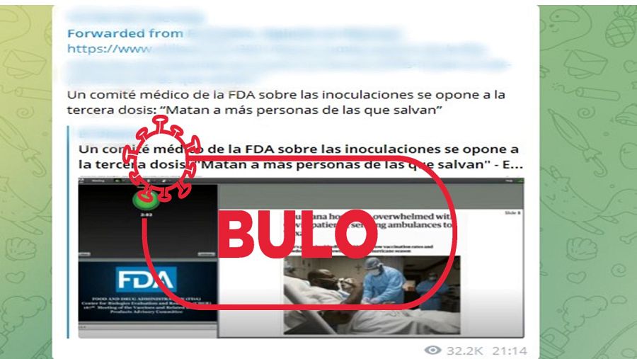 Mensaje de Telegram que dice que la FDA se opone a la tercera dosis de la vacuna, con el sello bulo de VerificaRTVE