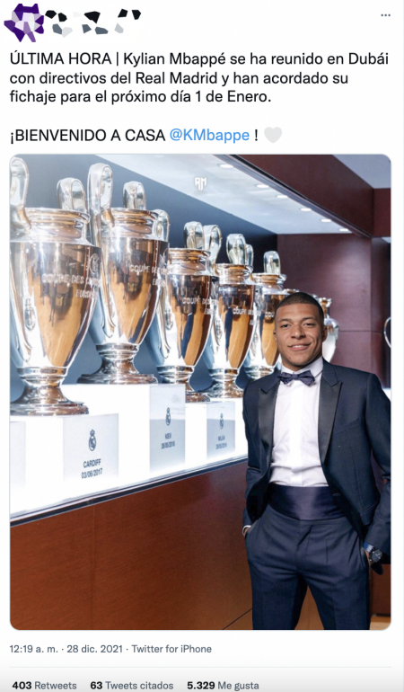 Algunos madridistas que anhelan la llegada de Mbappé a su equipo han creado esta imagen falsa