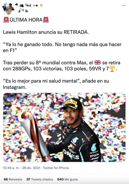 Inocentada que afirmaba que Lewis Hamilton se retiraba de la Fórmula 1